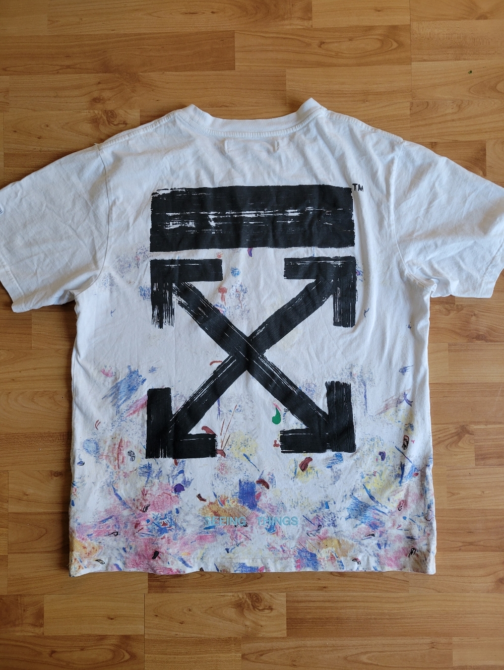 Off-White White Short Sleeve Tee with Black Arrow Graphic and Paint Accents